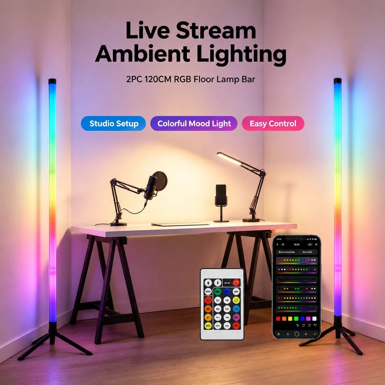 2PCS 120CM RGB Floor Lamp, Sou - Gaming Accessories Bedroom 评论和价格